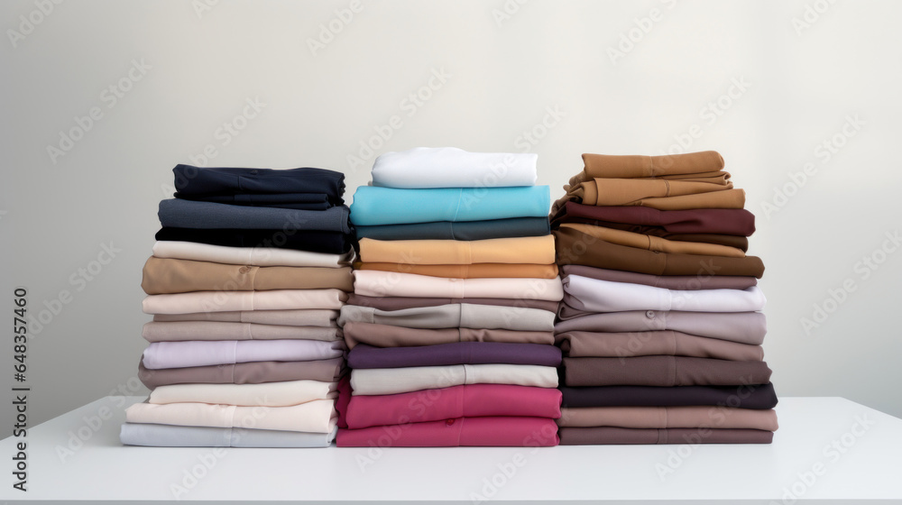Poster folded clothes in stacks of various simple colors placed on a table on a white background