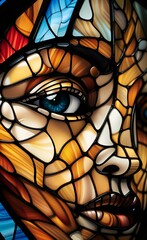 a close up of a stained glass window with a face, lamp shade of a stained glass window with a face of a woman.