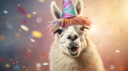 Obraz premium Happy lama smiling wearing hat with flying confetti. Birthday concept
