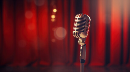 Close up vintage microphone in the background of a blurry scene - obrazy, fototapety, plakaty