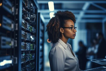 A young woman with a tablet computer stands in the middle of a server room. Collection and storage of large amounts of data. Checks the operation of servers and automation.