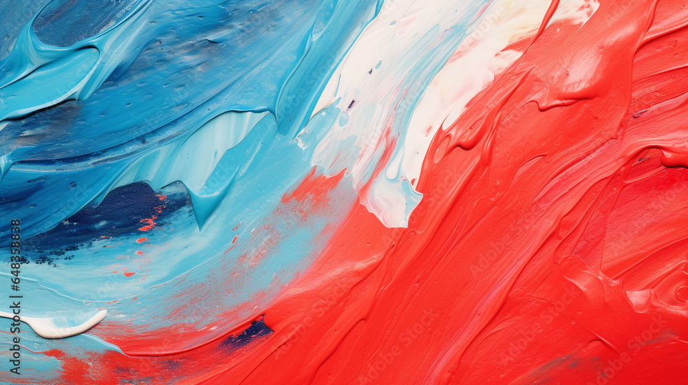 Wall mural a close-up of a red and blue painting on a canvas, dynamic color paint background, generative ai