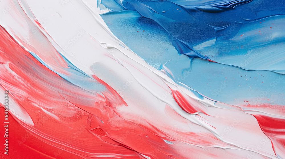 Wall mural a close-up of a red and blue painting on a canvas, dynamic color paint background, generative ai