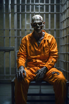 A zombie in an orange jail uniform sitting in prison.