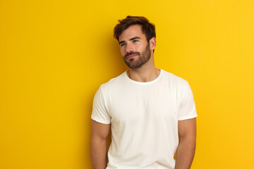 Fototapeta premium A man in a white t-shirt is standing in front of a yellow background, Generative AI