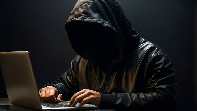 Hoodie hacker stealing data from a laptop. Cybercrime concept. 