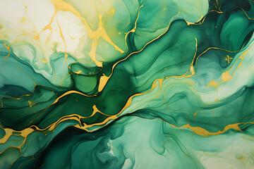 Green and gold marble painting, green and gold color abstract background, Generative AI