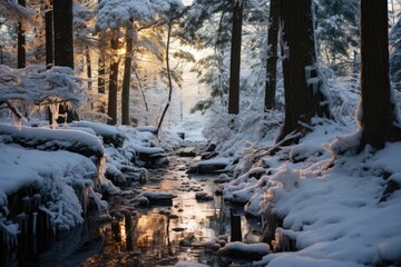A photograph of a winter forest with a snow-covered trail and icicles on trees
