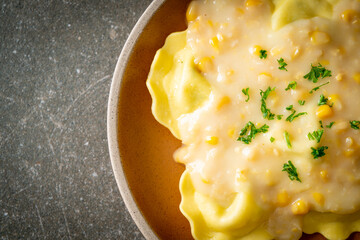 ravioli pasta with corn cheese sauce