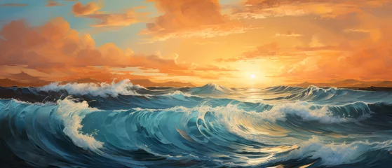 Gardinen Beautiful seascape. Ocean waves at sunset. Digital oil color painting.  © suwandee