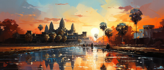 Naklejka premium Angkor Wat, Siem Reap, Cambodia. Digital oil color painting. 