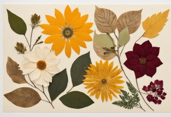 A mixed-media collage incorporating real pressed flowers, leaves, and other botanical elements
