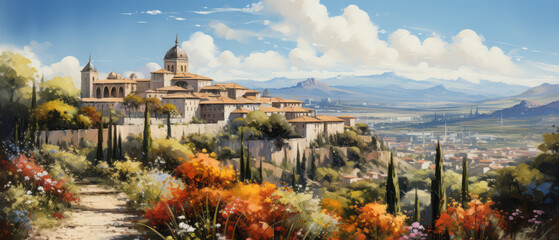 Beautiful panoramic view of Segovia, Spain. Digital oil color painting. 