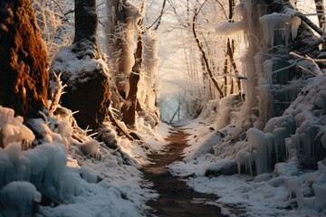 A photograph of a winter forest with a snow-covered trail and icicles on trees