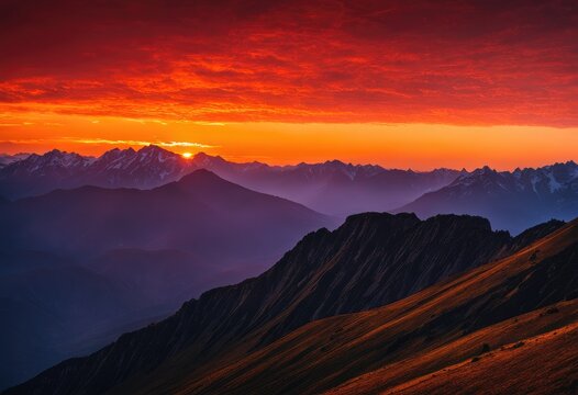 A mountain range with a fiery sunset