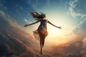 Generative AI : Freedom, way, and hope of women. Flying girl and the sky. Surreal art. concept idea of inspiration and motivation - obrazy, fototapety, plakaty