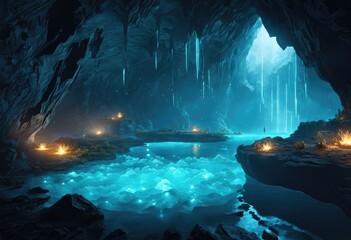 A mystical cave system with underground lakes and glowing crystals