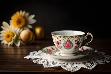 cup of coffee, cup of tea, A close-up of a vintage porcelain teacup and saucer, set on a lace doily atop an ornate coffee table in a dimly lit Victorian parlor, cup, tea, drink,  coffee 