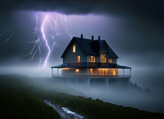 House near the beach with lightning, lightning in the middle of the sea, clouds filled with lightning