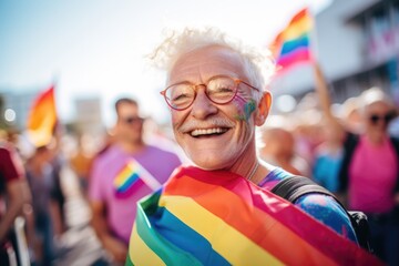 Smiling portrait of a caucasian senior non binary or agender person at a pride parade in the city - obrazy, fototapety, plakaty