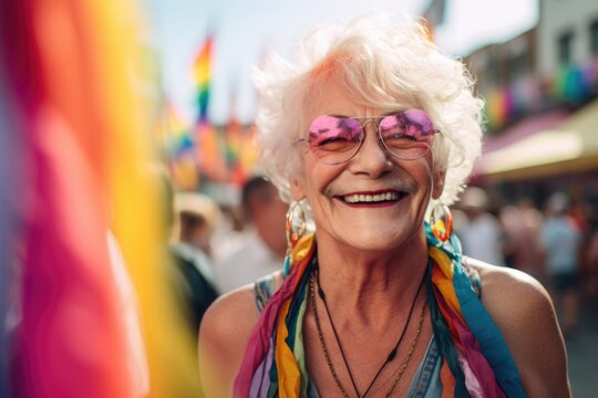 Smiling portrait of a caucasian senior non binary or agender person at a pride parade in the city