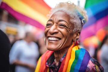 Obraz premium Smiling portrait of a senior non binary or agender person celebrating the pride parade in the city