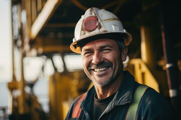 Smiling portrait of a middle aged male oilrig worker working on an oilrig on the pacific ocean