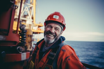 Fototapeta premium Smiling portrait of a middle aged male oilrig worker working on an oilrig on the pacific ocean