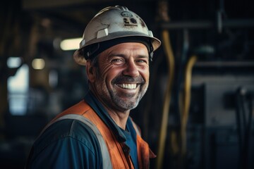Obraz premium Smiling portrait of a middle aged male oilrig worker working on an oilrig on the pacific ocean