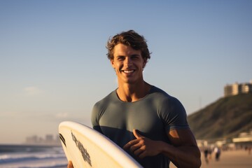 Smiling portrait of a happy male caucasian surfer on a sandy beach