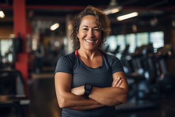 Fototapeta premium Smiling portrait of a happy senior caucasian body positive woman in an indoor gym