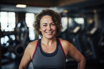 Fototapeta premium Smiling portrait of a happy senior caucasian body positive woman in an indoor gym
