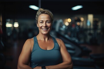 Fototapeta na wymiar Smiling portrait of a happy senior caucasian body positive woman in an indoor gym