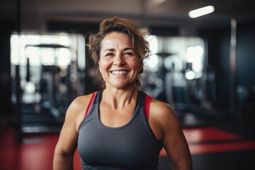 Fototapeta premium Smiling portrait of a happy senior caucasian body positive woman in an indoor gym