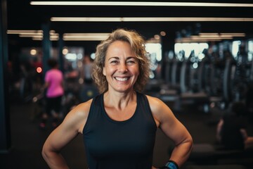 Fototapeta premium Smiling portrait of a happy senior caucasian body positive woman in an indoor gym