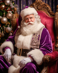 Fototapeta na wymiar Joyful old man dressed as Santa Claus, looking at the camera in a cozy, festive studio