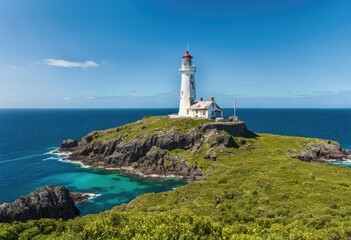 Fototapeta na wymiar A remote island with a crumbling lighthouse