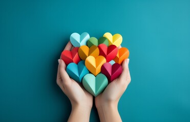 Photo of a person holding a handful of colourful paper heart-shaped origami created with Generative AI technology - obrazy, fototapety, plakaty