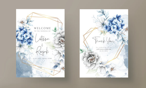 elegant wedding invitation card with beautiful grey and blue floral arrangement