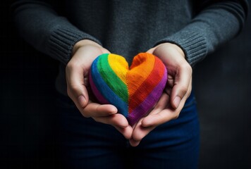 Photo of a person holding a vibrant and joyful  rainbow heart in their hands created with Generative AI technology
