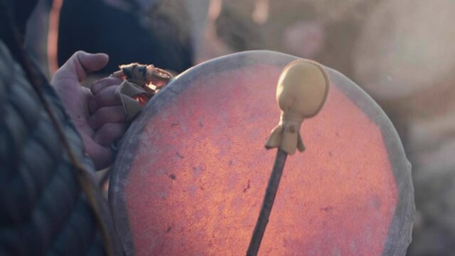 American Indian Drumming Circle, Skin Drum & Mallet, Camp Fire, Smoke,  Super Slow Motion