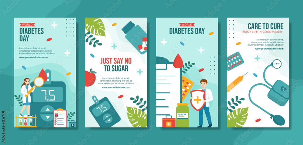 Wall mural World Diabetes Day Social Media Stories Flat Cartoon Hand Drawn Templates Background Illustration