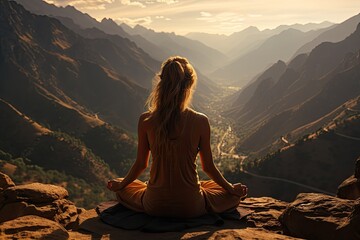 A young woman practicing yoga on a mountaintop with a magnificent view - Powered by Adobe