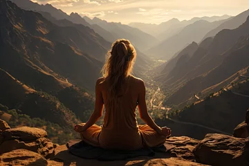 Fotobehang A young woman practicing yoga on a mountaintop with a magnificent view © PinkiePie
