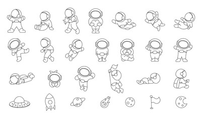 Cute astronaut in a spacesuit. Coloring Page. Cartoon cosmonaut character. Science technology. Vector drawing. Collection of design elements.