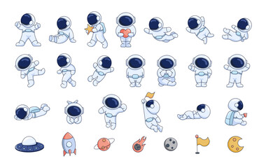 Cute astronaut in a spacesuit. Cartoon cosmonaut character. Science technology. Vector drawing. Collection of design elements.