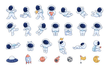 Cute astronaut in a spacesuit. Cartoon cosmonaut character. Science technology. Vector drawing. Collection of design elements. © palau83