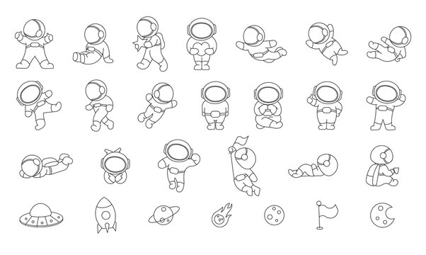 Cute astronaut in a spacesuit. Coloring Page. Cartoon cosmonaut character. Science technology. Vector drawing. Collection of design elements.