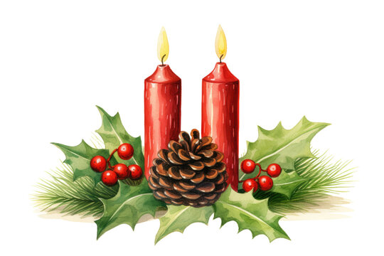 christmas candles with holly and pinecones vintage illustration isolated on a transparent background, generative ai
