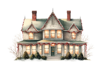 Fototapeta premium christmas lights outlining a house vintage illustration isolated on a transparent background, generative ai